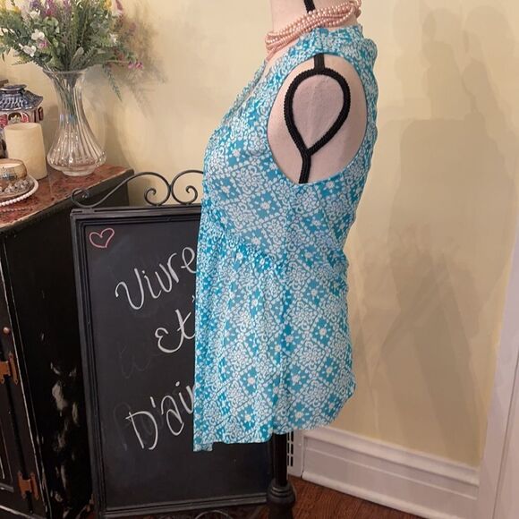 Zara Sz M Sheer Mesh Tiffany Blue Fleur Print Top - Picture 3 of 9